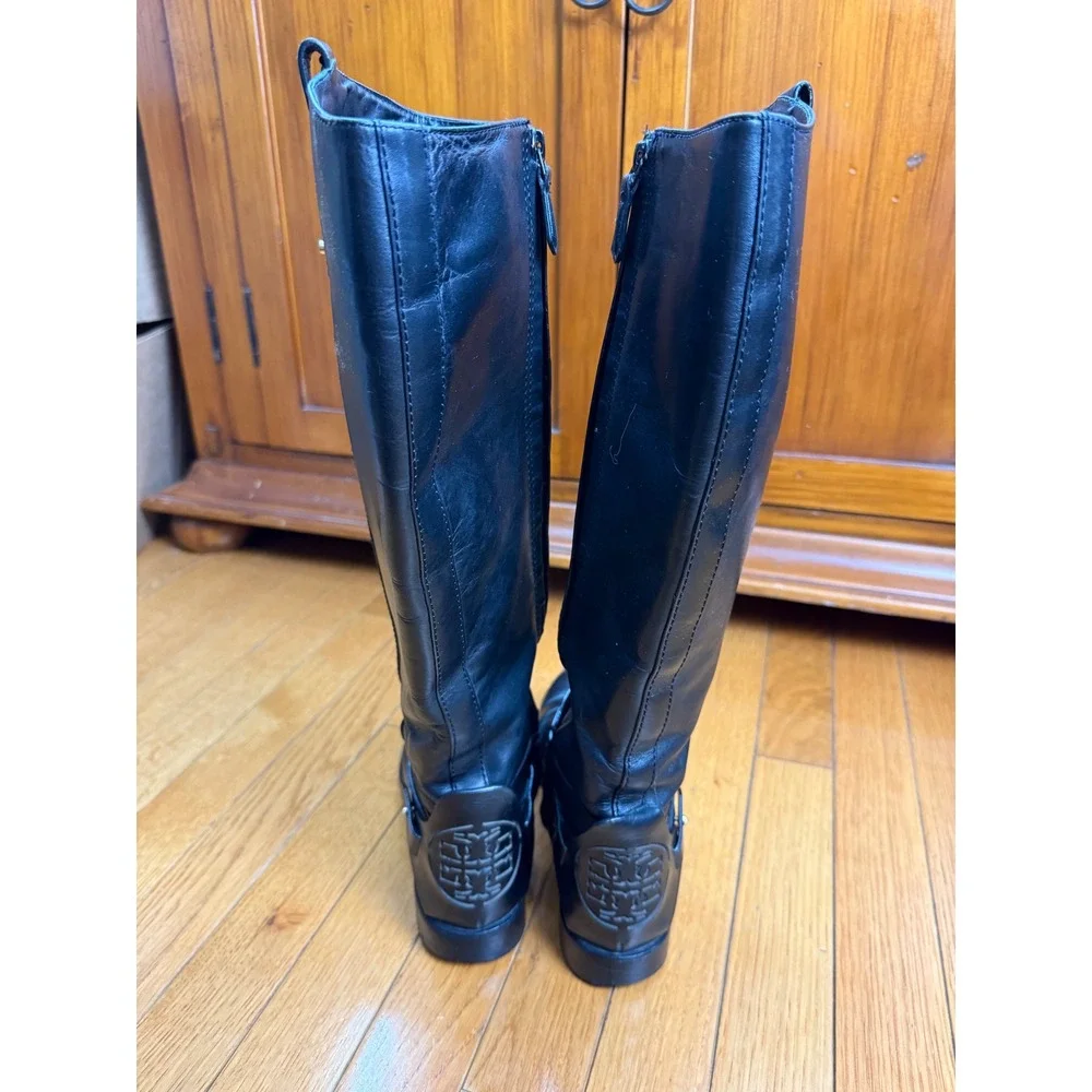 Tory Burch Colton Riding Boot Black Leather Tall Riding Boots‎ Embossed Logo 7M